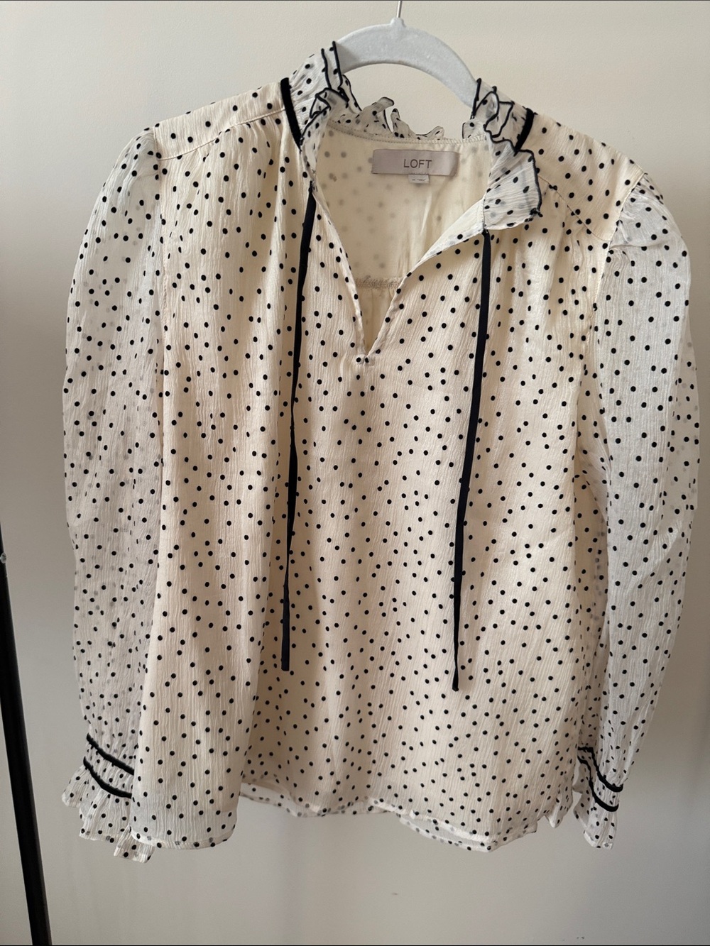 LOFT Cream and Black Polka Dot velvet Long Sleeve Blouse